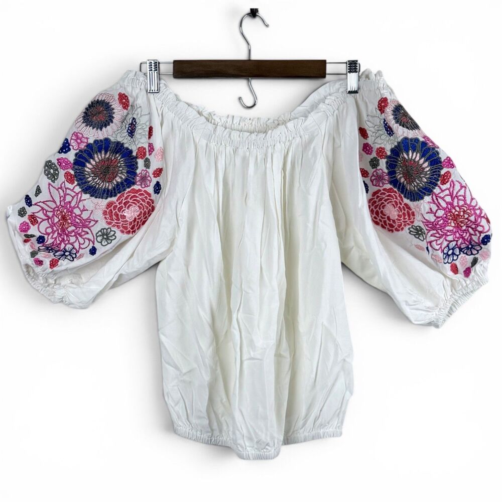 Solitaire Anthropologie Womens Peasant Top  Large White Boho Blouse Puff Sleeve
